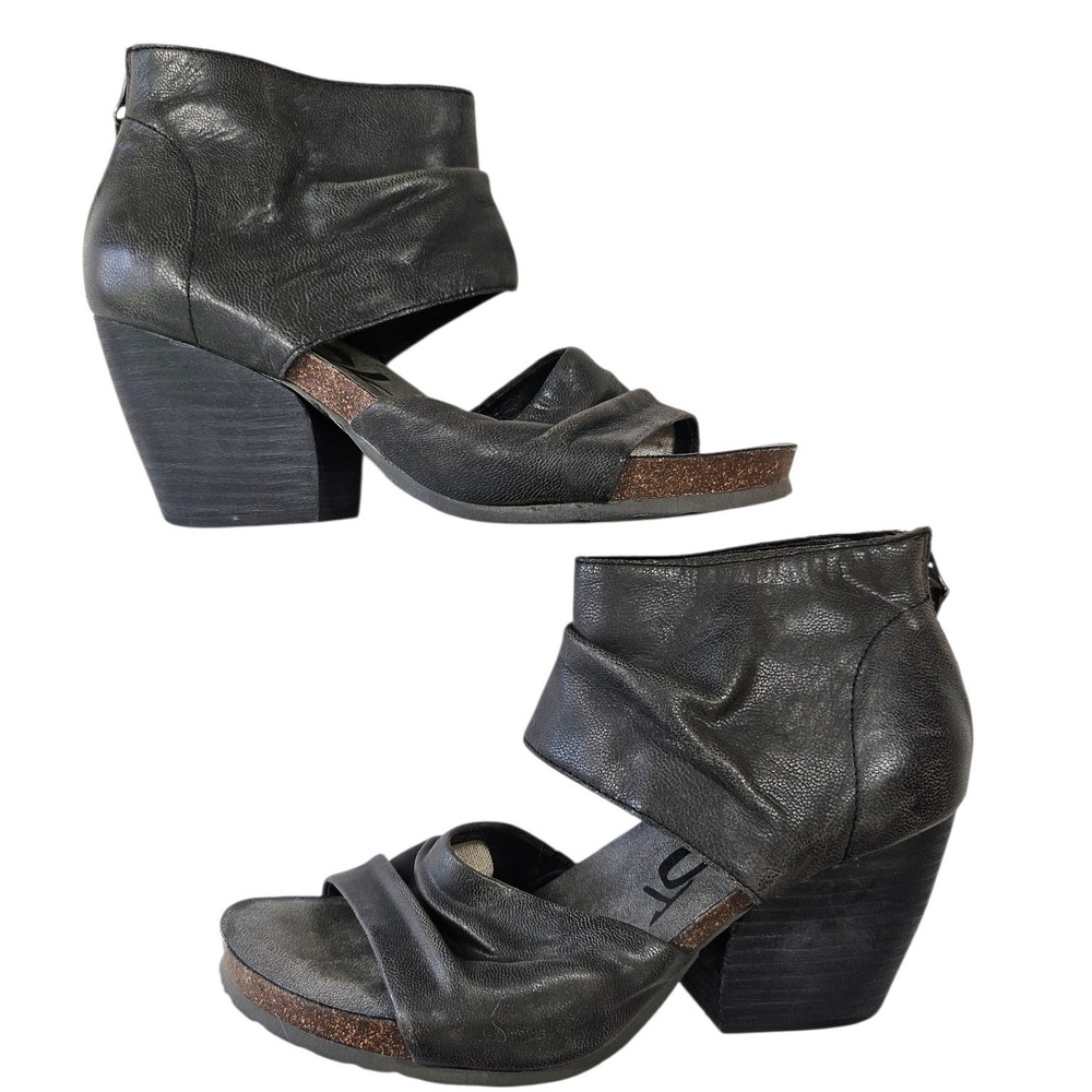 OTBT Patchouli Black Leather Slouchy Peep Toe Block‎ Heel Bootie Sandals 10M EUC